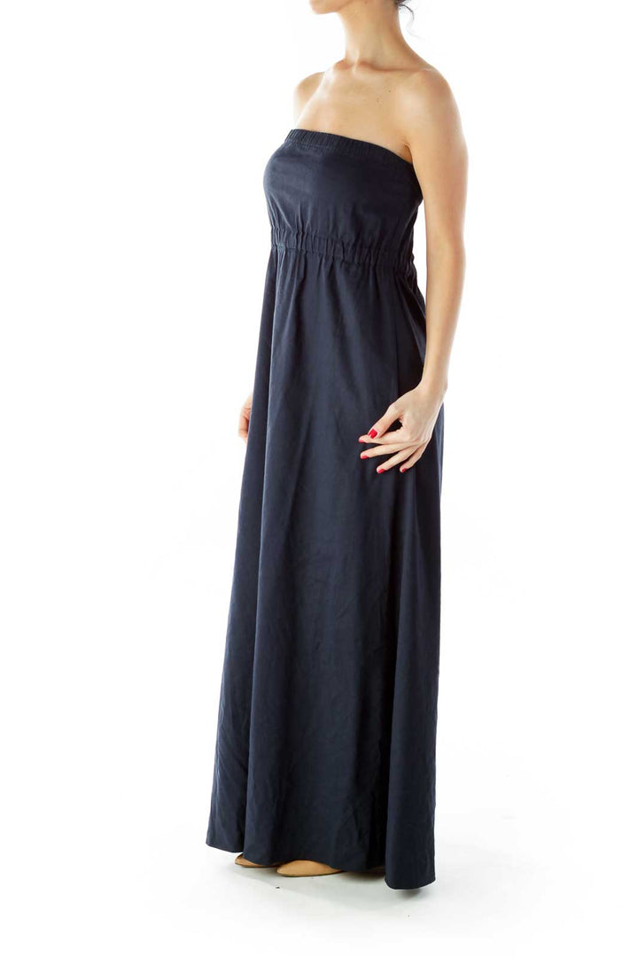 Navy Strapless Elastic Linen Maxi Dress