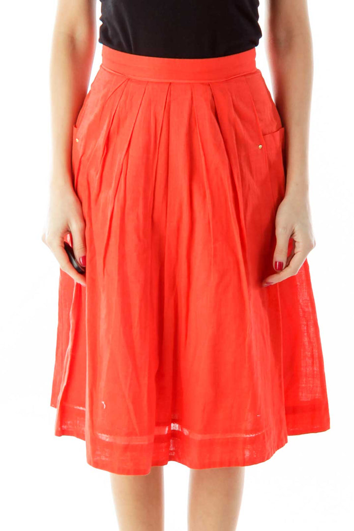 Red Fared Pleated Skirt