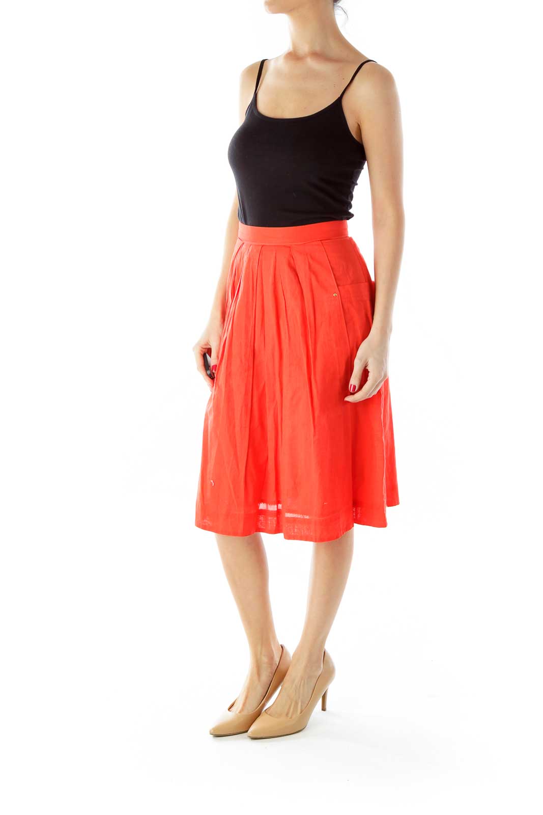 Red Fared Pleated Skirt