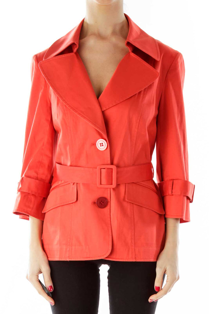 Orange Belted Buttoned Fitted Jacket