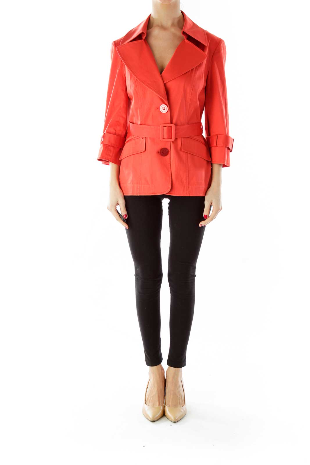 Orange Belted Buttoned Fitted Jacket