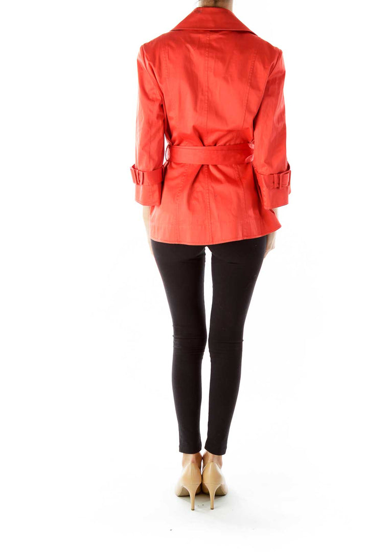 Orange Belted Buttoned Fitted Jacket