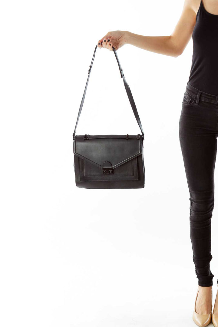 Black Belted Leather Messenger Bag