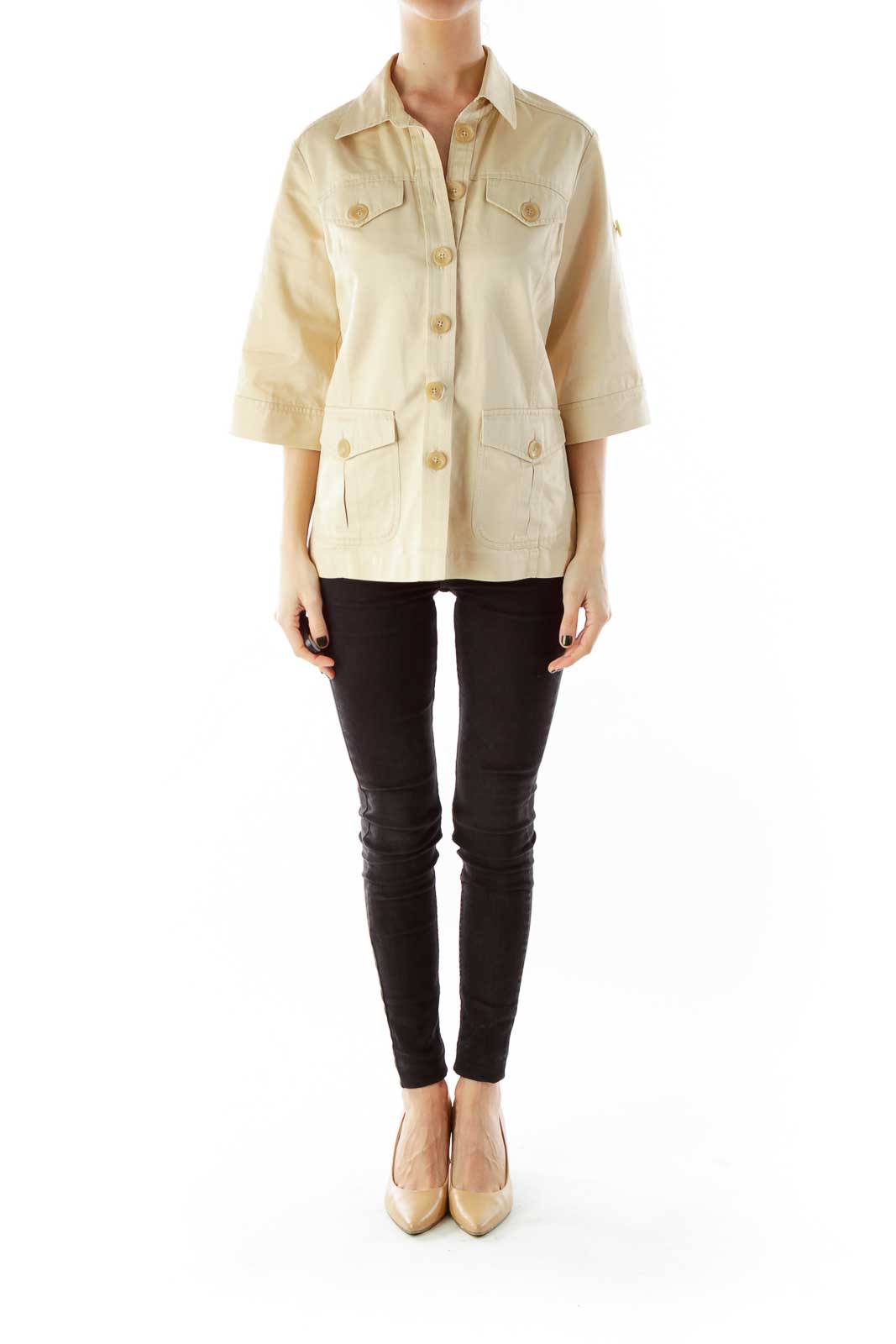 Beige Buttoned Pocketed Mid-Sleeve Fitted Jacket