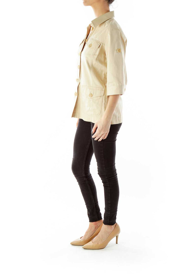 Beige Buttoned Pocketed Mid-Sleeve Fitted Jacket