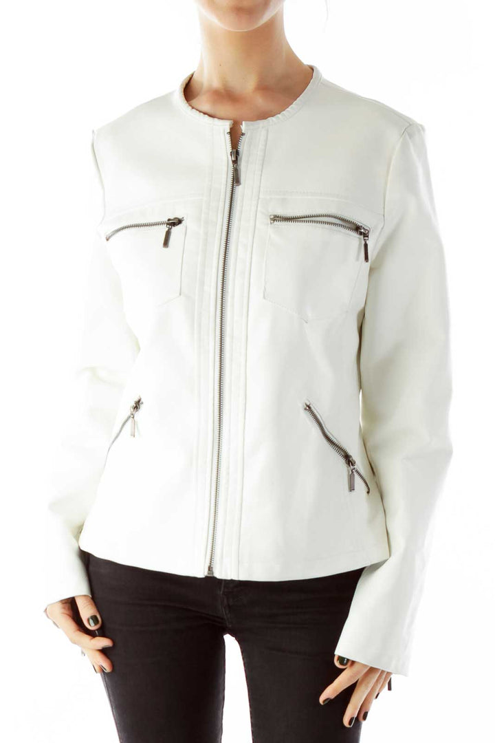 White Zippered Pocketed Faux-Leather Jacket