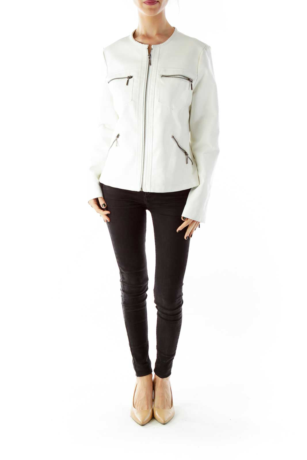 White Zippered Pocketed Faux-Leather Jacket