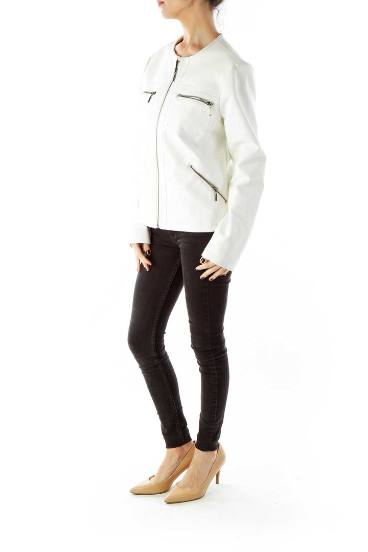 White Zippered Pocketed Faux-Leather Jacket