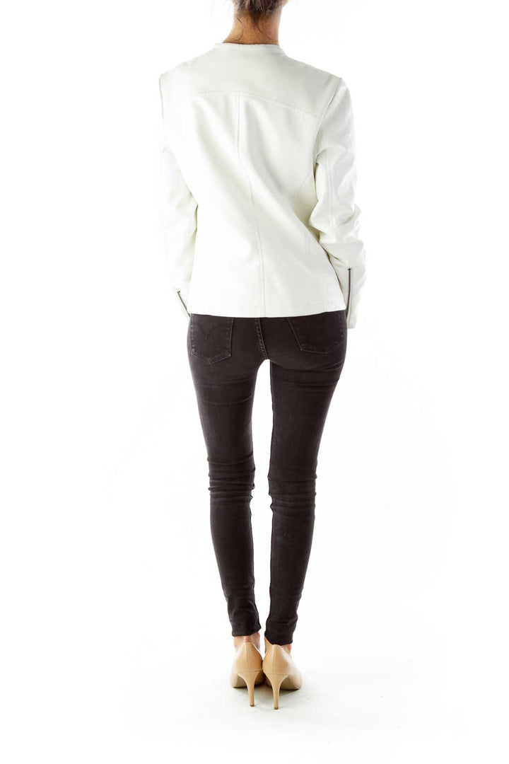 White Zippered Pocketed Faux-Leather Jacket