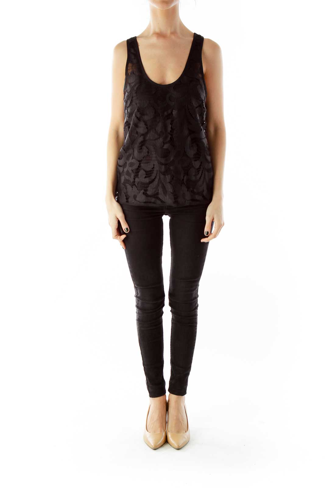 Black Layered Silk Lace Tank Top