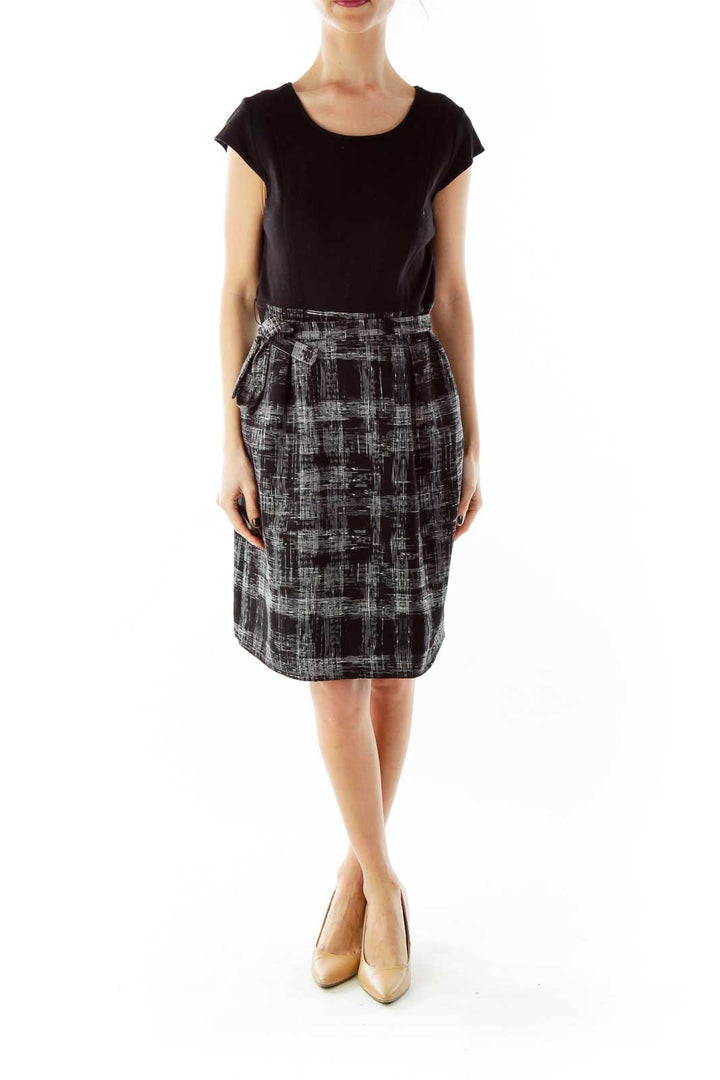 Black White Belted Checkered Work Dress