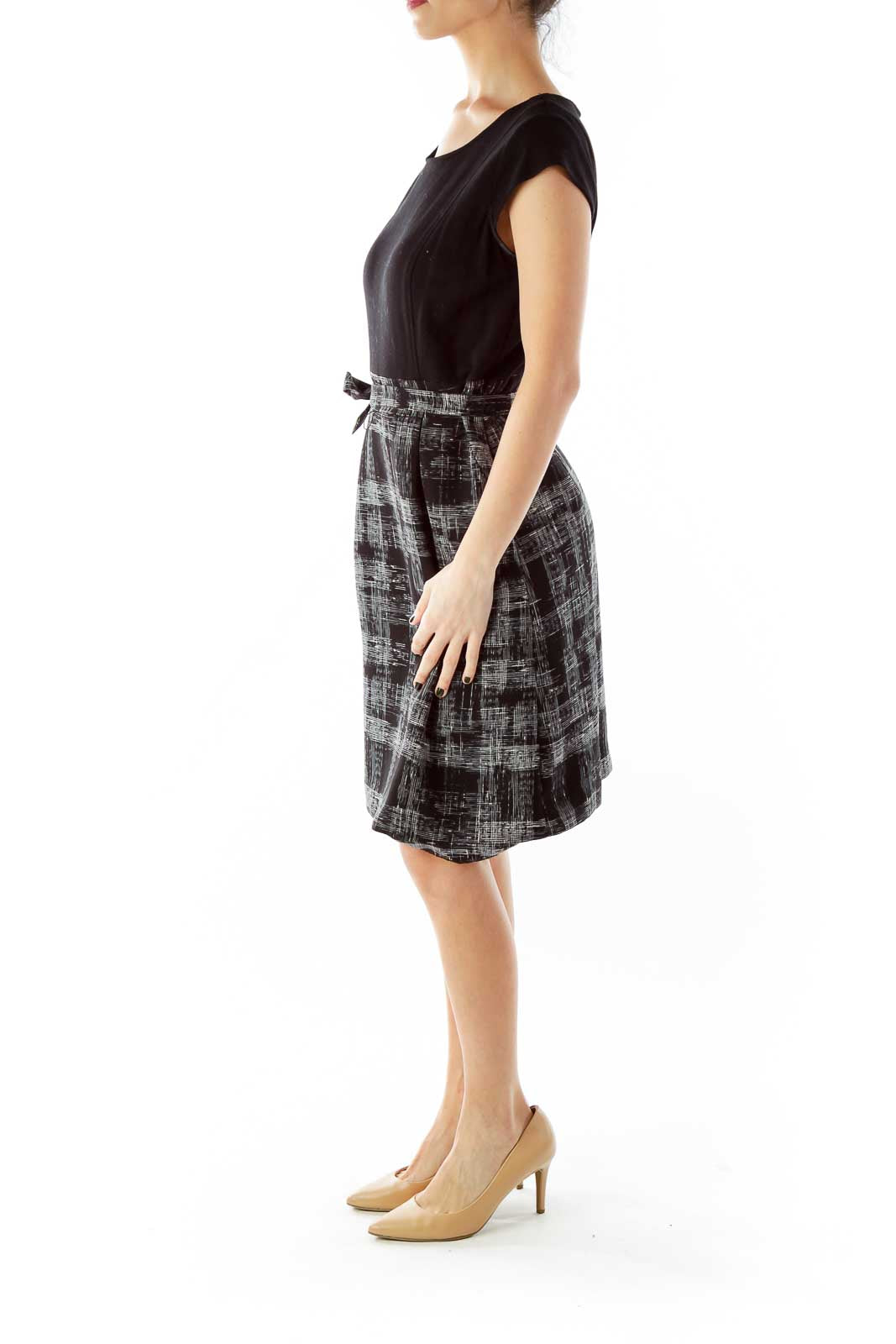 Black White Belted Checkered Work Dress