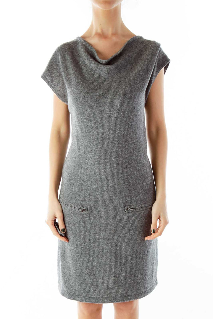 Gray Pocketed Boat Neckline Knit Dress