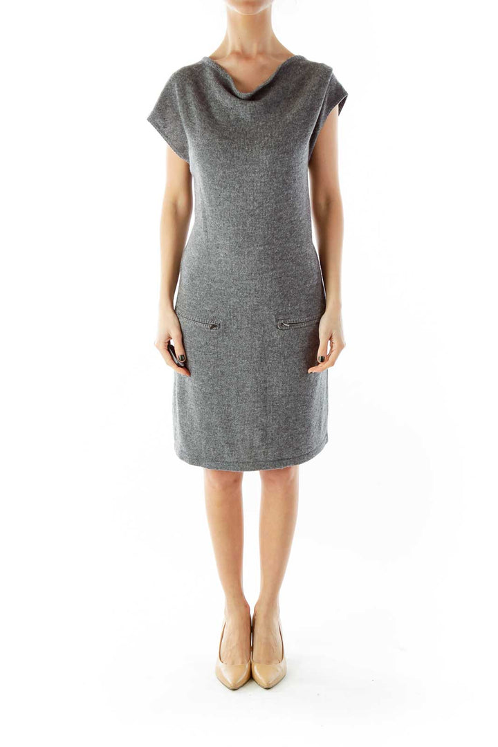 Gray Pocketed Boat Neckline Knit Dress