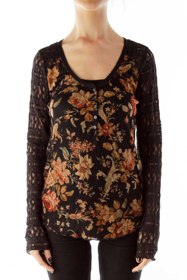 Black Multicolor Lace See-Through Flower Blouse