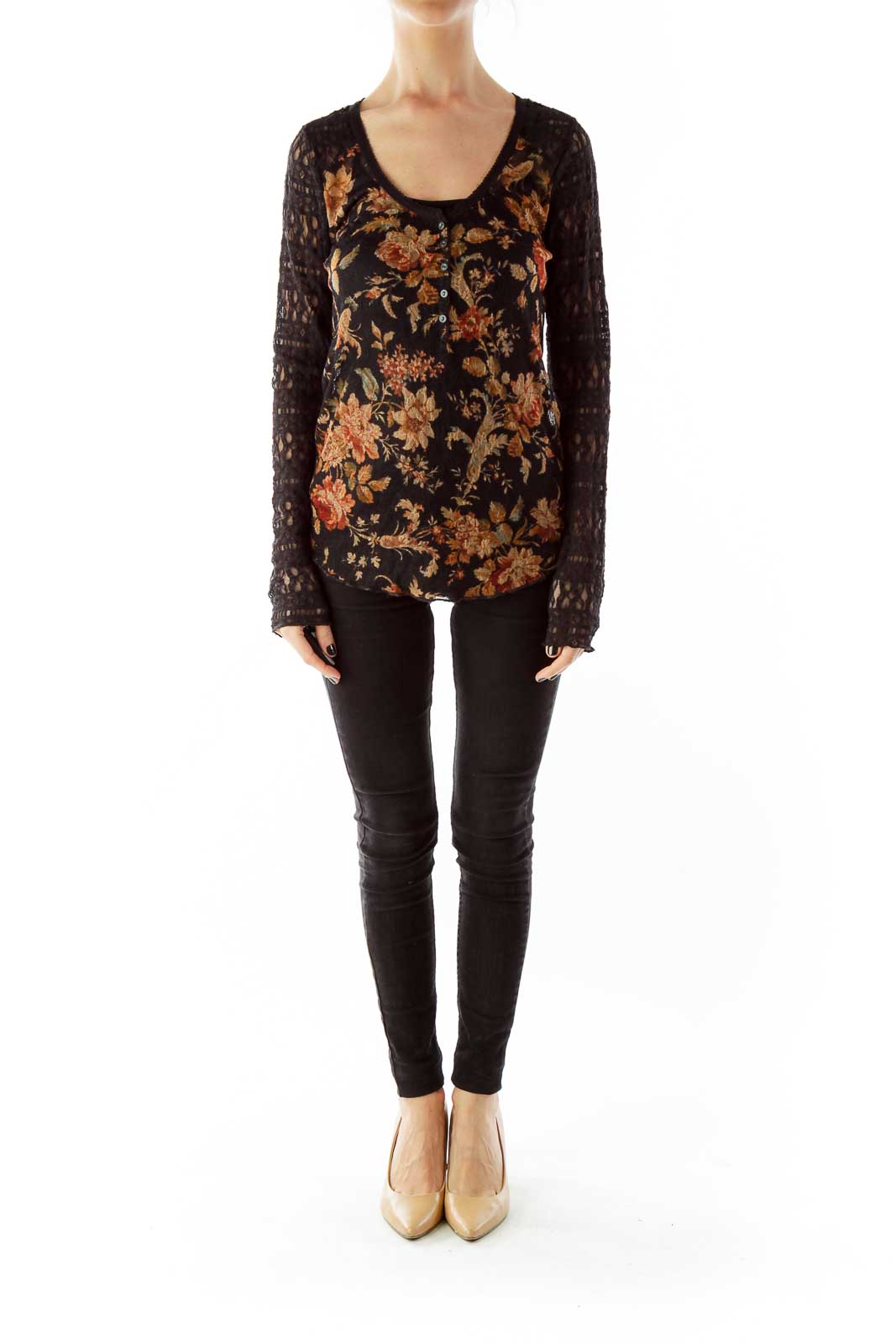 Black Multicolor Lace See-Through Flower Blouse