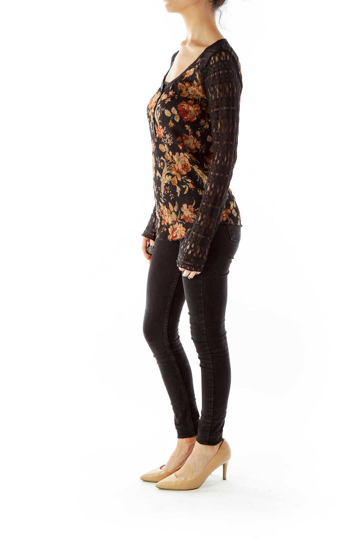 Black Multicolor Lace See-Through Flower Blouse