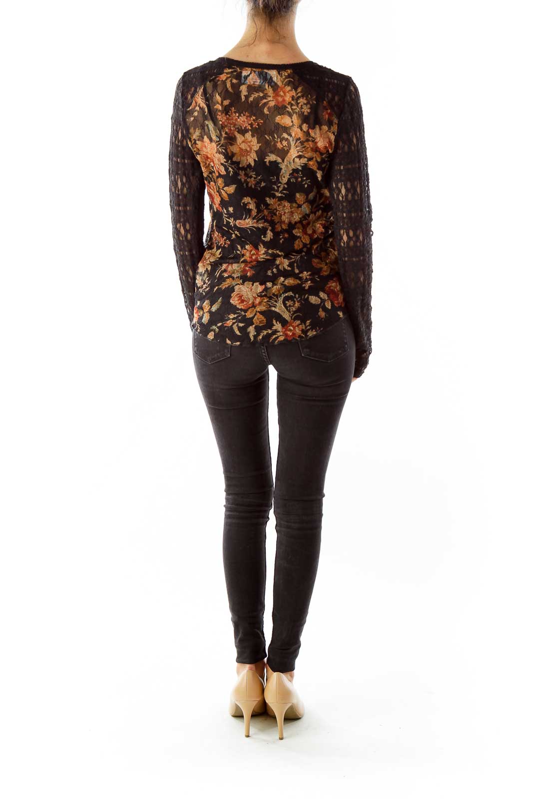 Black Multicolor Lace See-Through Flower Blouse