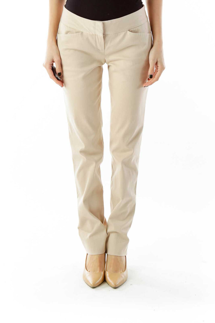 Beige Straight-Leg Pants