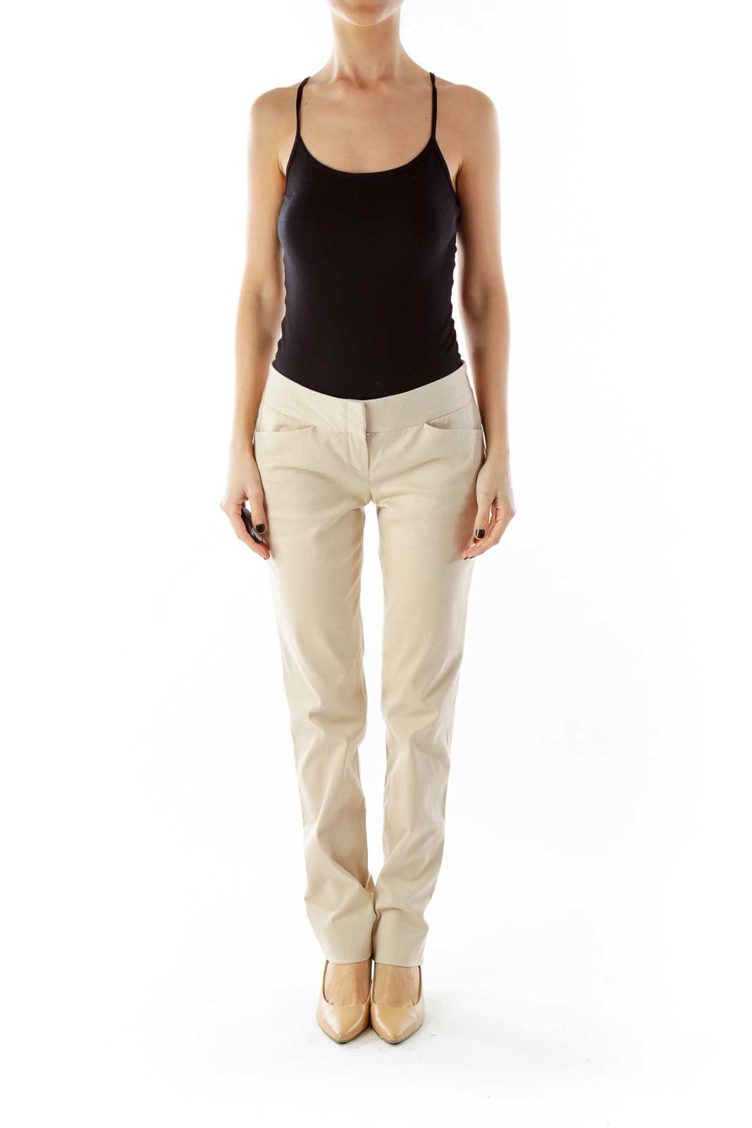 Beige Straight-Leg Pants