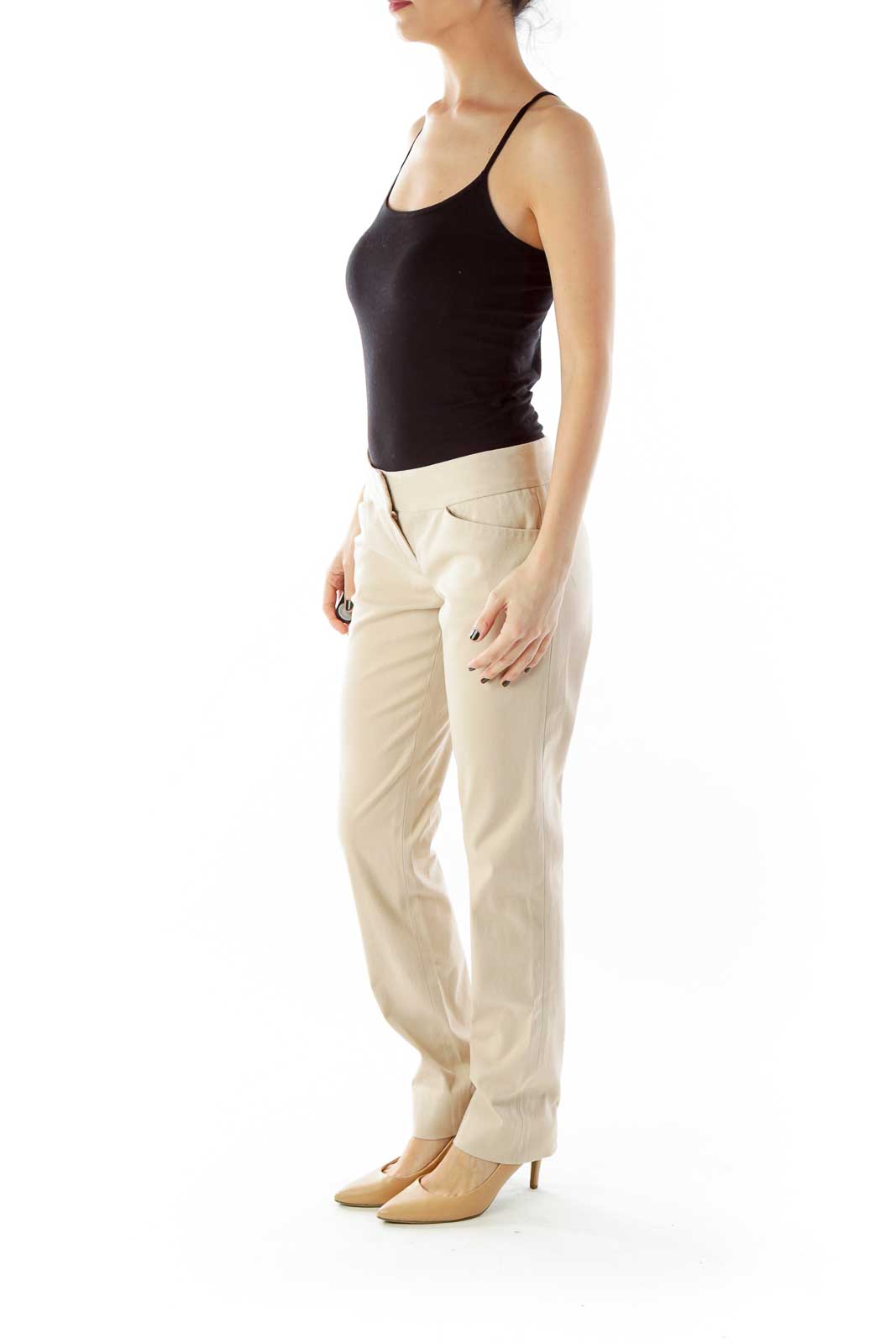 Beige Straight-Leg Pants