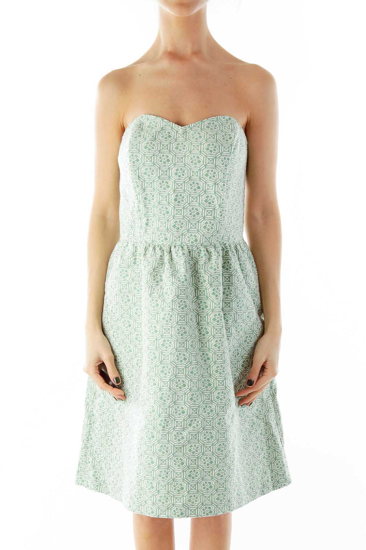 Green White Geometric Flower Print Strapless Dress