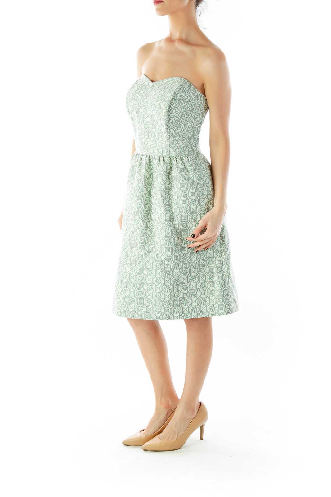 Green White Geometric Flower Print Strapless Dress