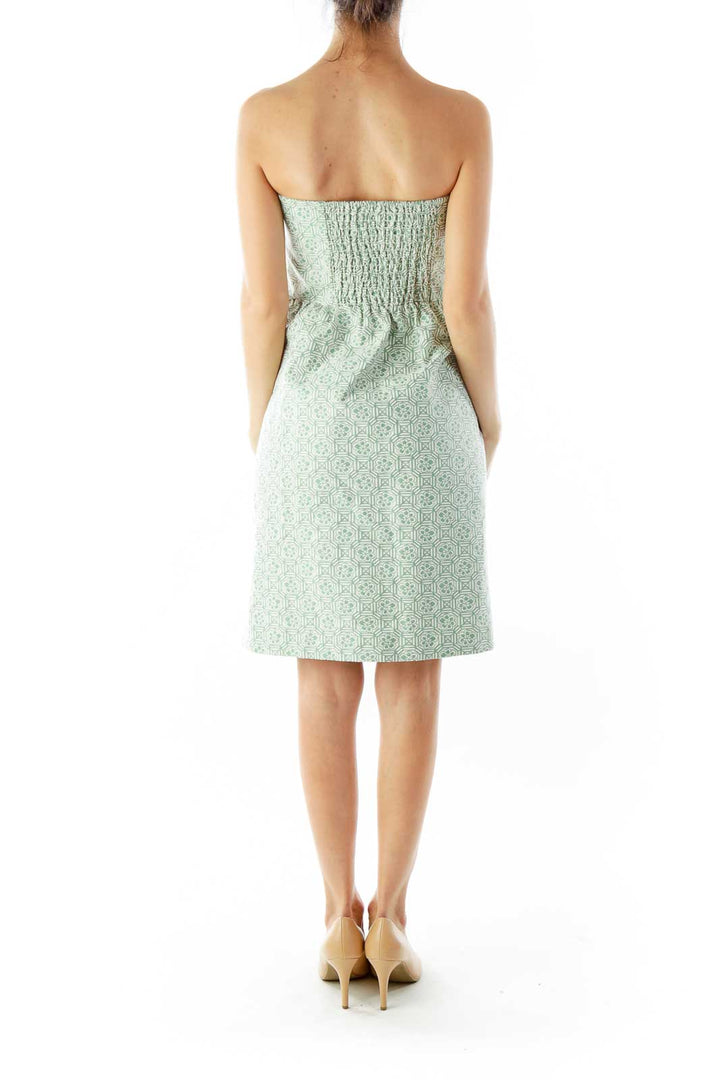 Green White Geometric Flower Print Strapless Dress