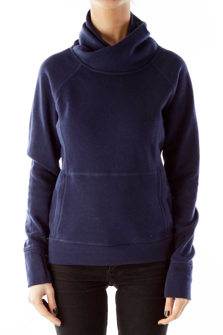 Navy Cowl-Neck Pocketed Sweatshirt