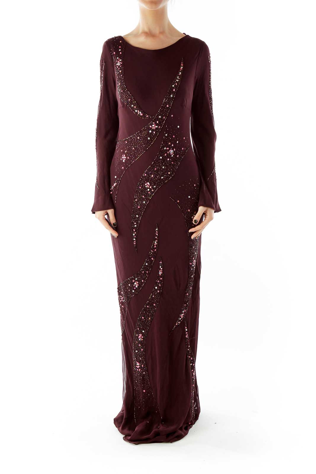 Purple Beaded Silk Gown with Boat Neckline