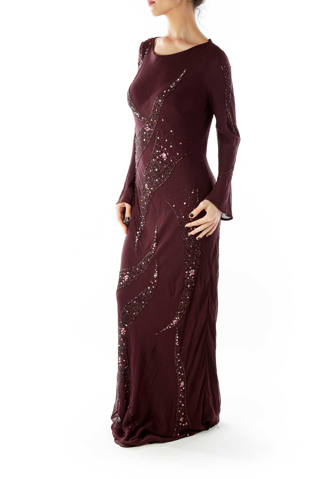 Purple Beaded Silk Gown with Boat Neckline