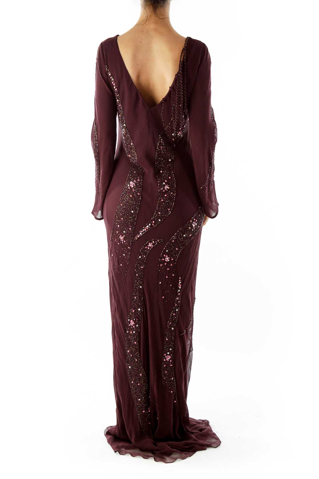 Purple Beaded Silk Gown with Boat Neckline