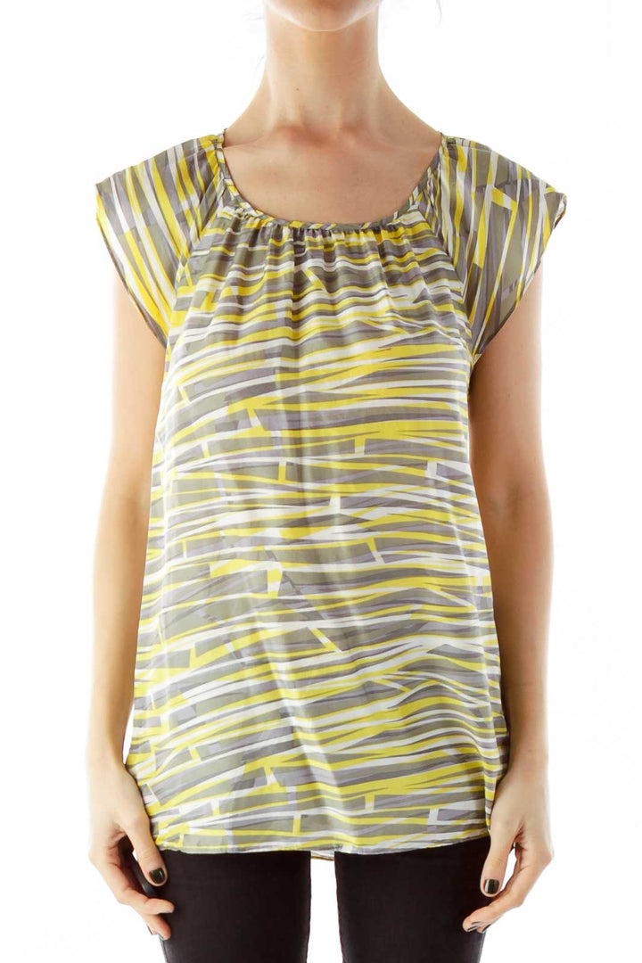 Gray Yellow White Stripped Round-Neck Blouse