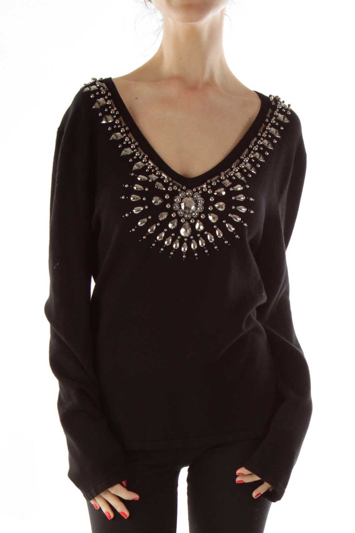 Black Beaded Vneck Knit Top