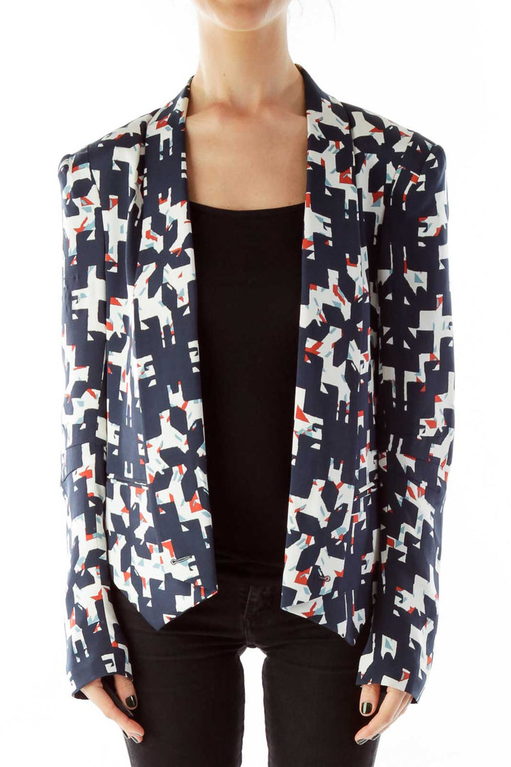 Navy Multicolor Geometric Print Silk Blazer