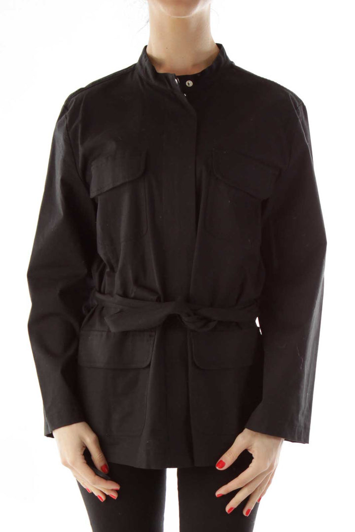 Black Pocketed Belted Fitted Jacket