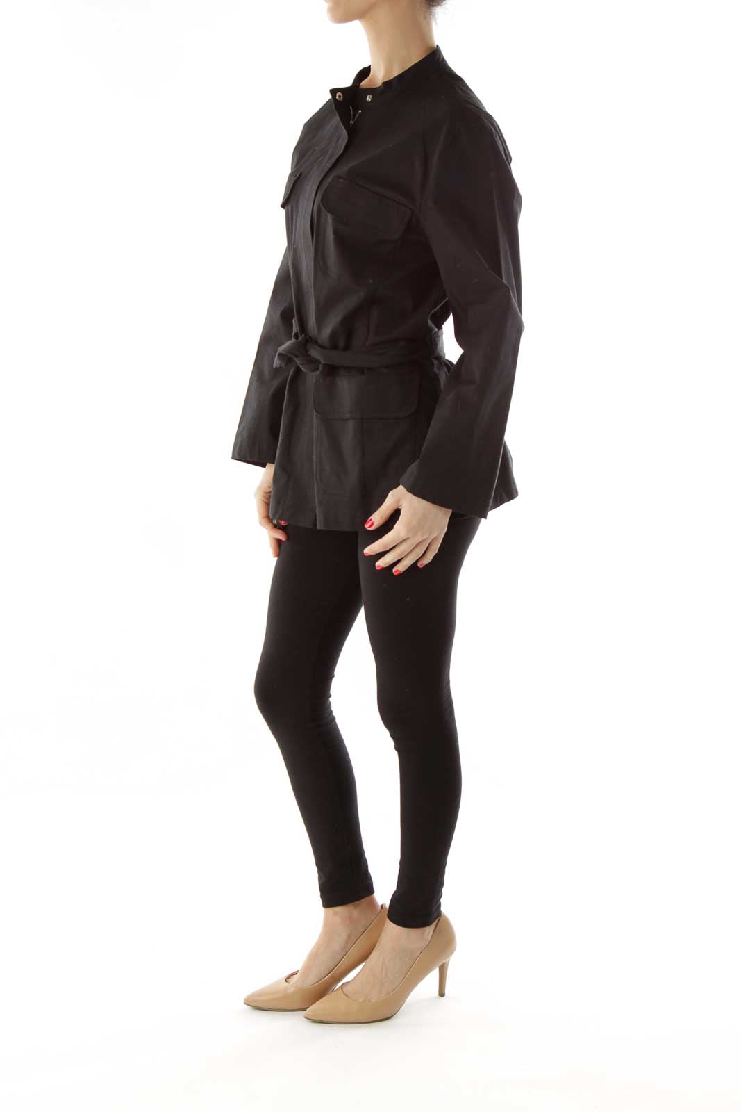 Black Pocketed Belted Fitted Jacket