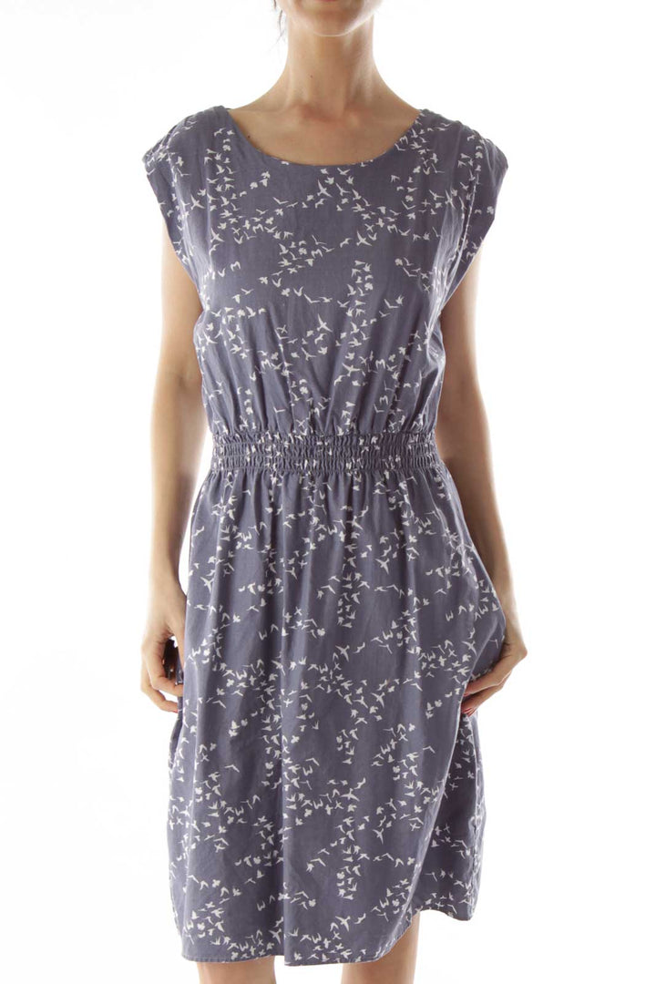 Blue Bird Print Scrunched Dress