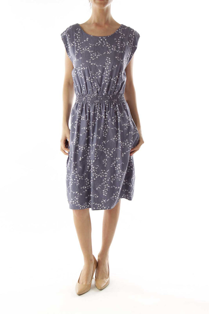 Blue Bird Print Scrunched Dress