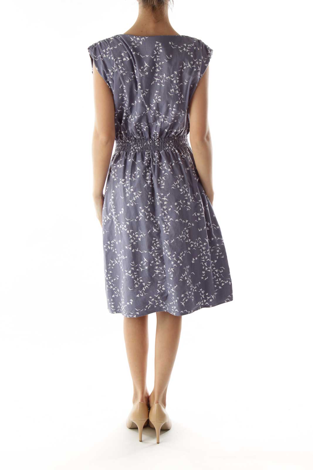 Blue Bird Print Scrunched Dress