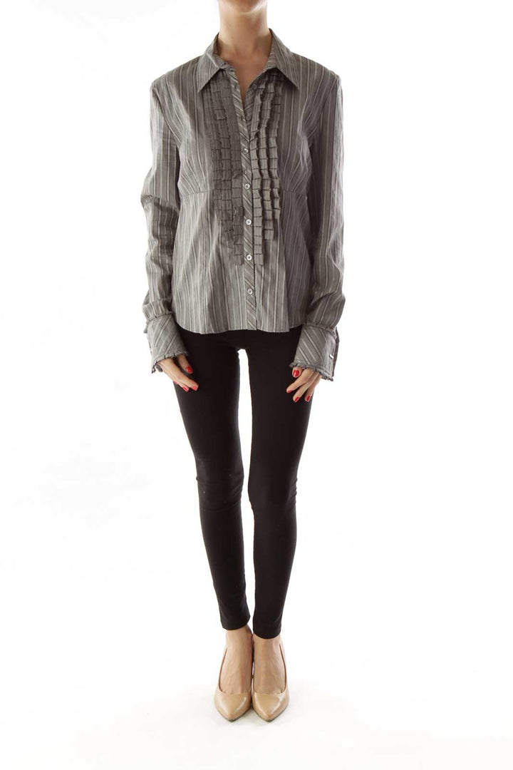 Gray Pinstriped Ruffled Button Up