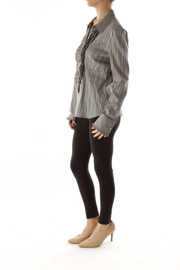 Gray Pinstriped Ruffled Button Up