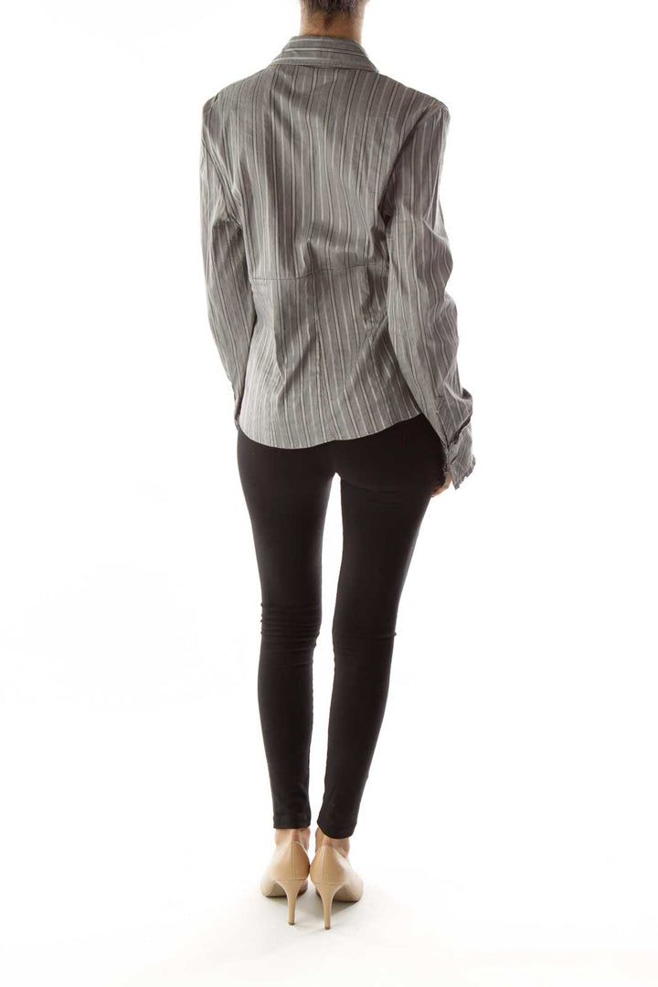 Gray Pinstriped Ruffled Button Up