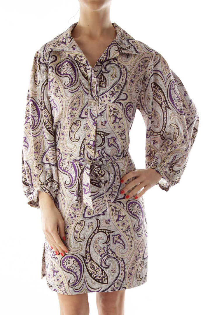 Beige and Purple Paisely Silk Dress