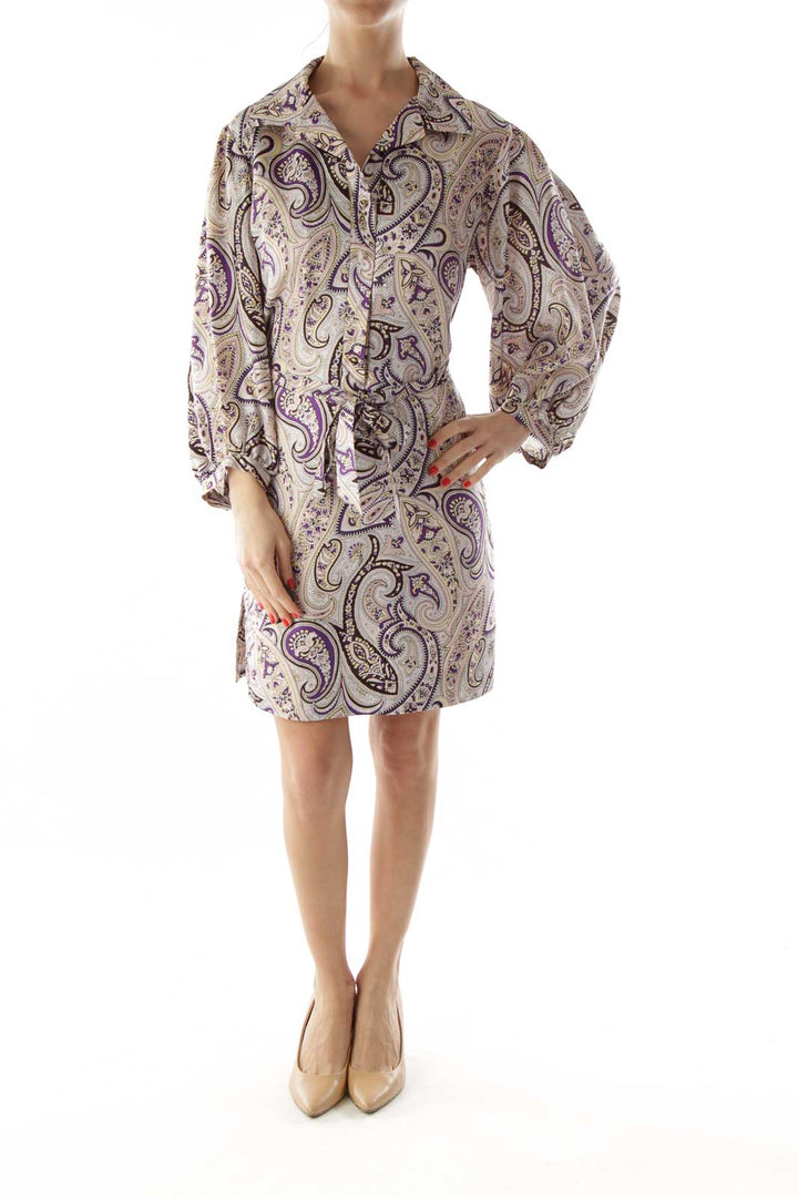 Beige and Purple Paisely Silk Dress