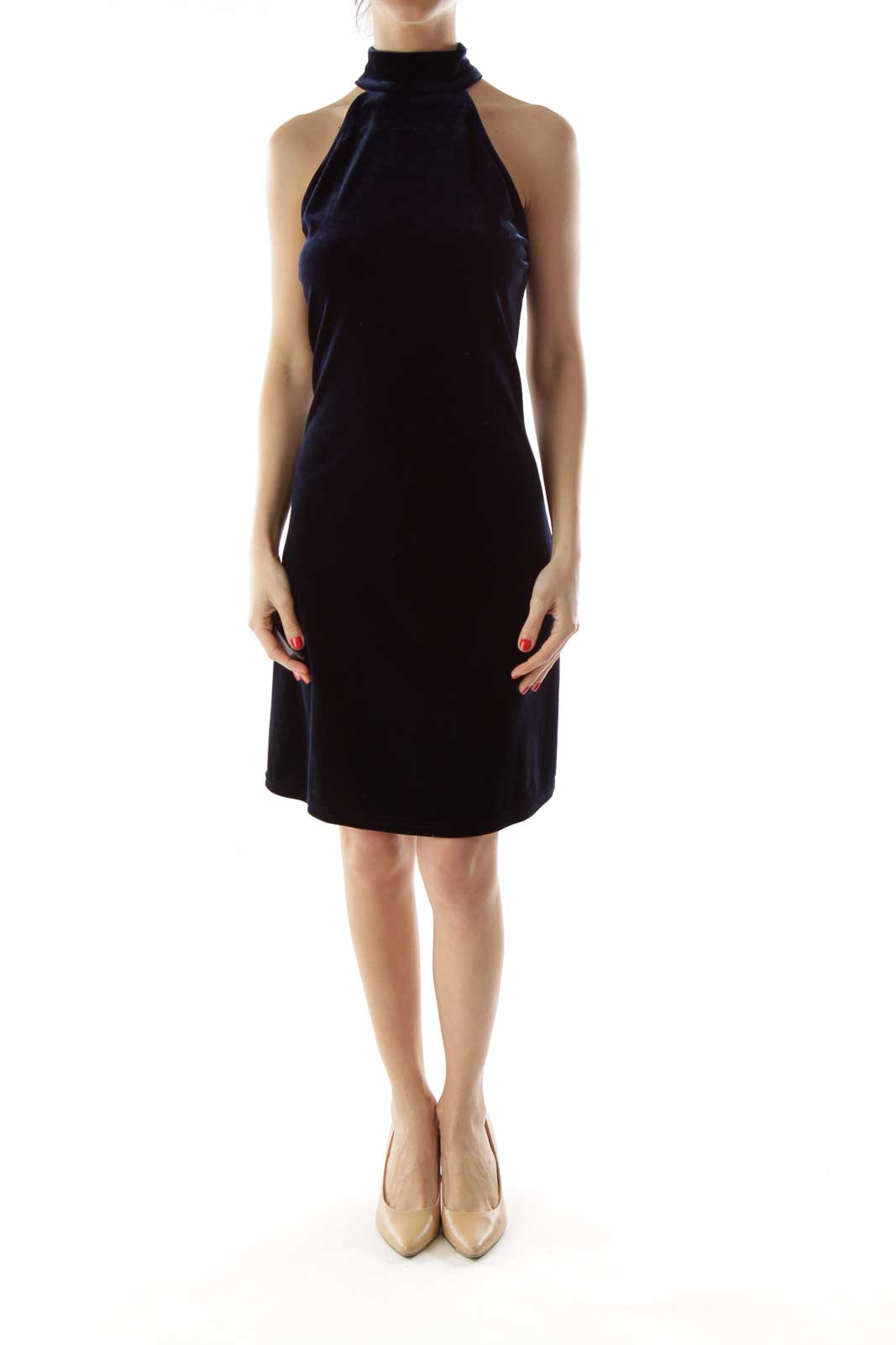 Navy Halter Velvet Dress