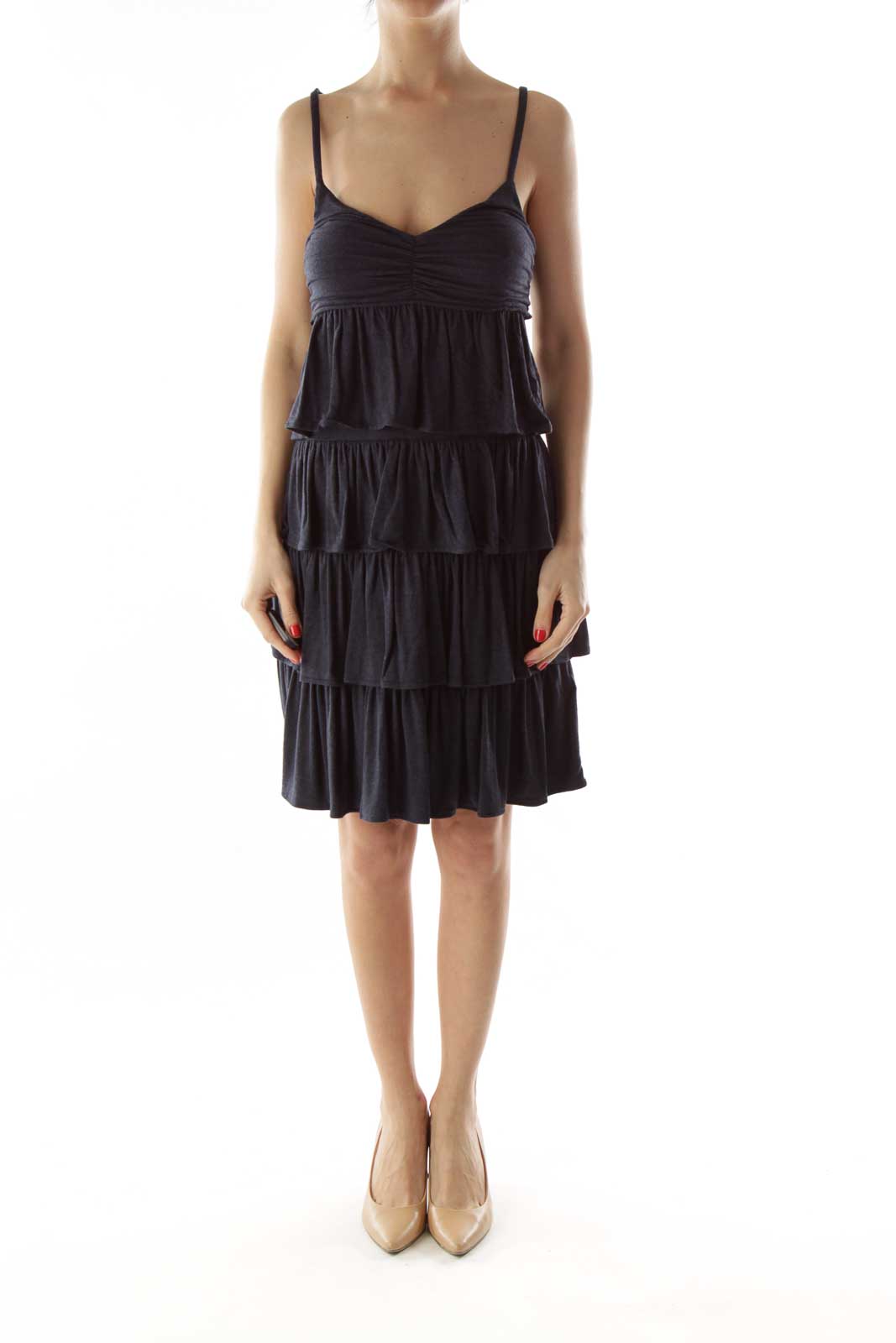 Navy Ruffled Spaghetti Strap Day Dress