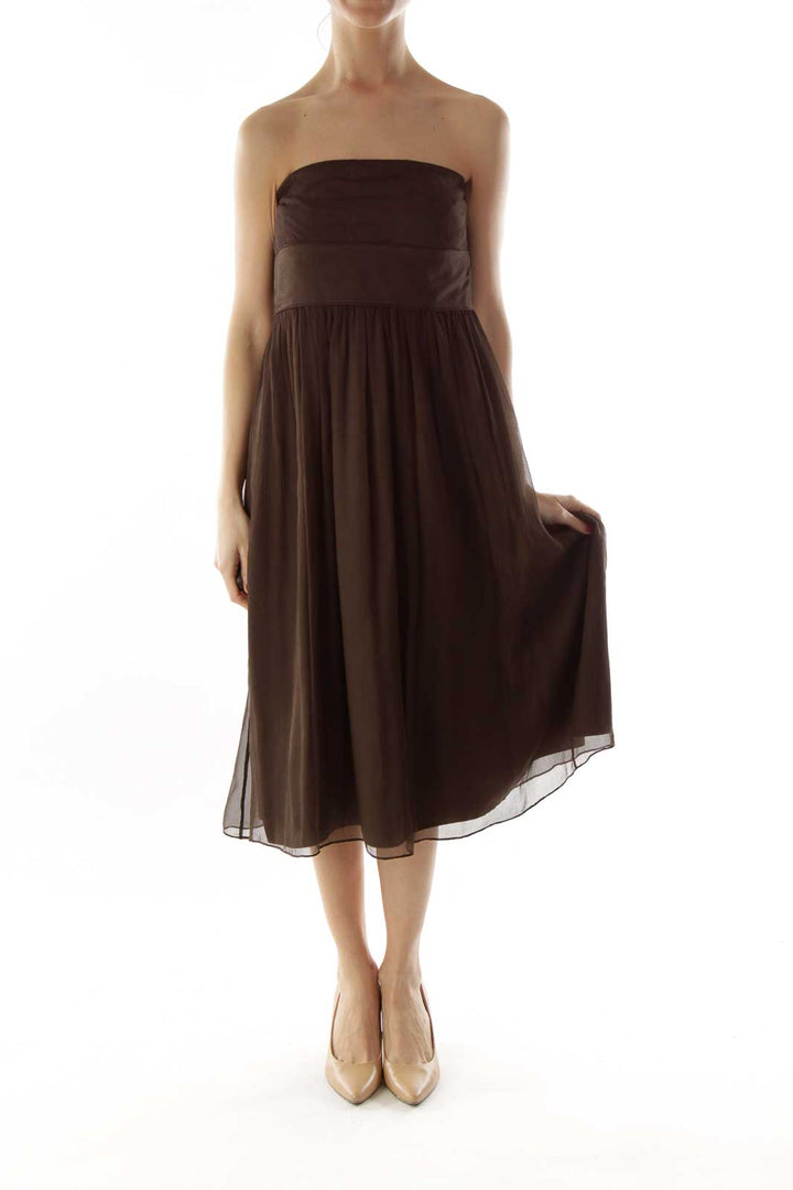 Brown Silk Strapless Dress