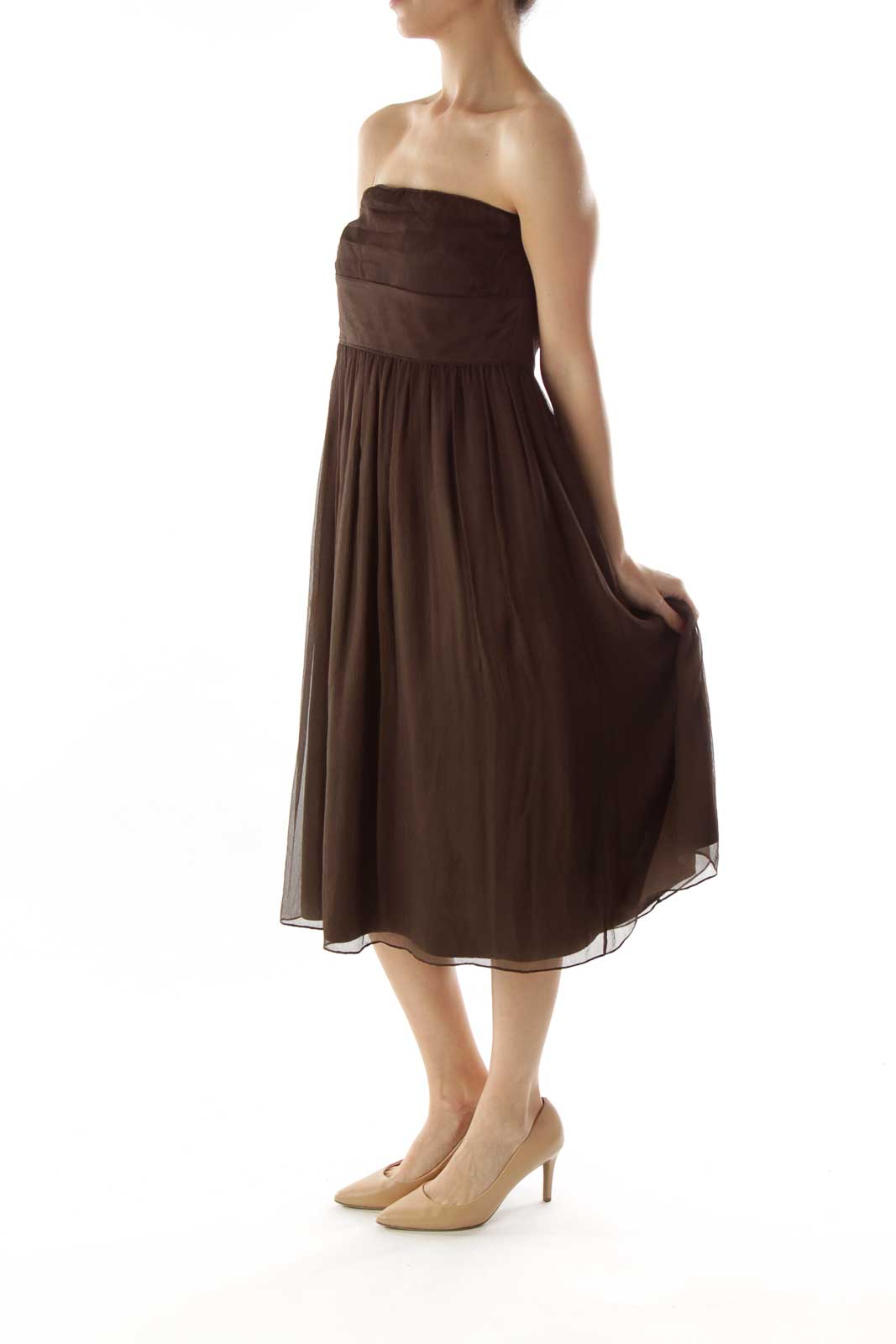 Brown Silk Strapless Dress