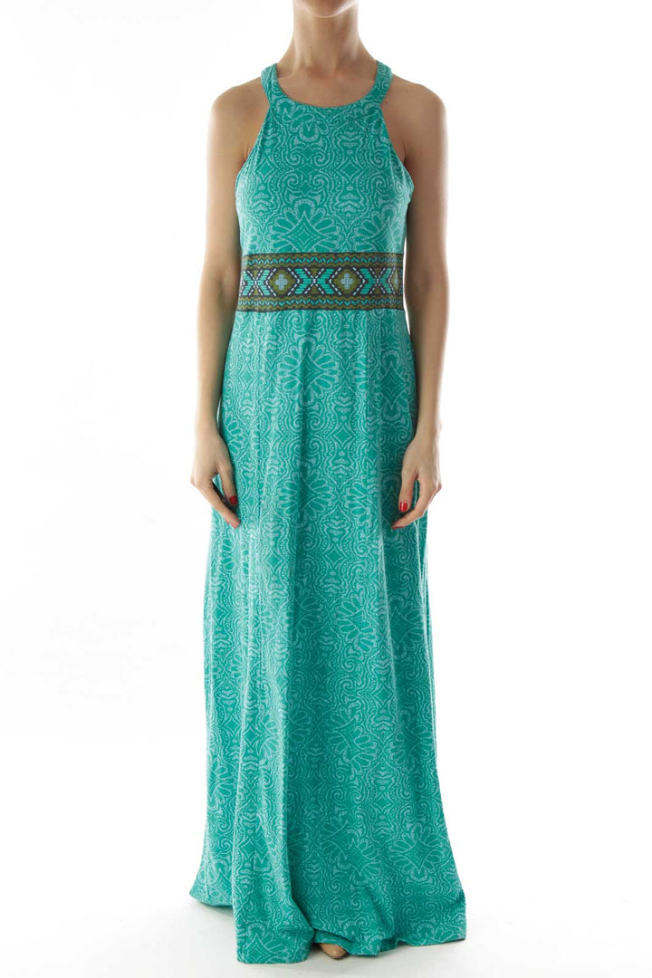 Green Brown Floral Bow Halter Maxi Dress